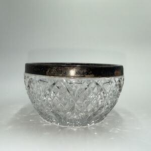 Vintage Cut Glass Bowl Silverplate Rim Starburst Candy Dish